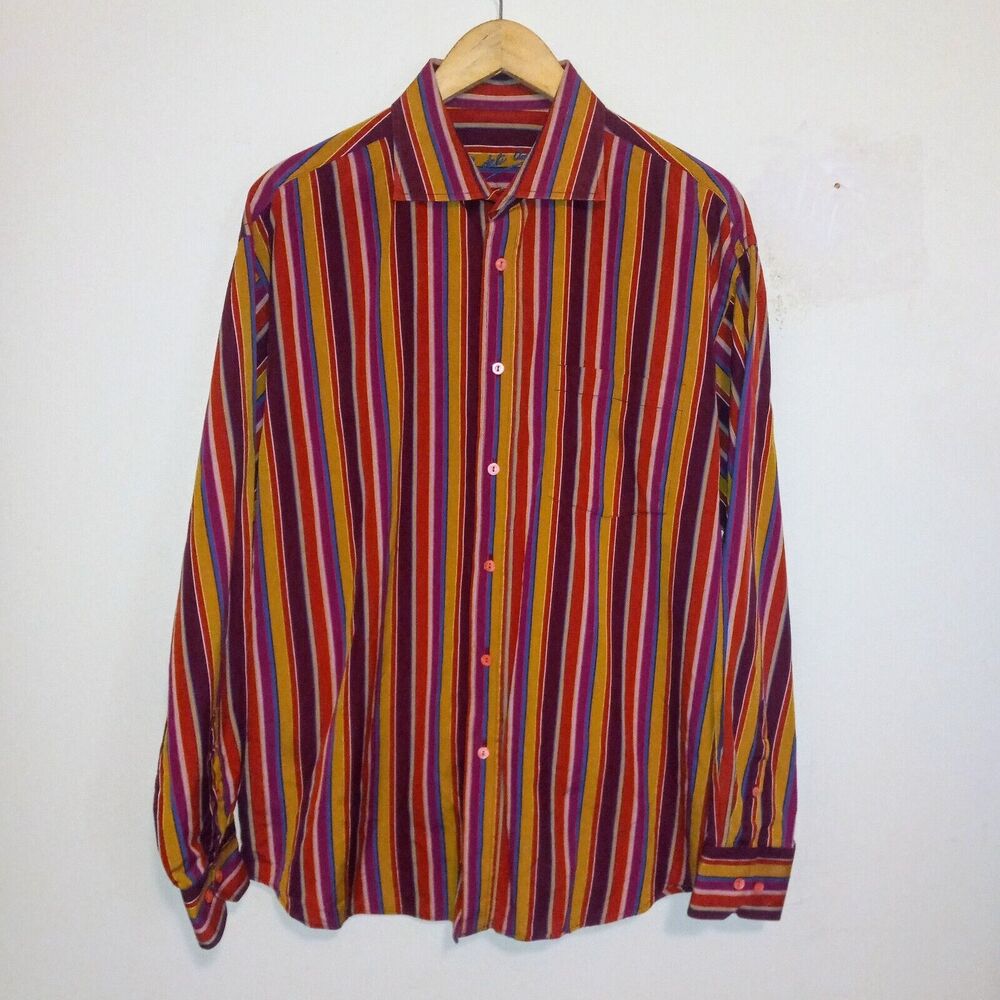 Bugatchi Uomo Vertical Striped Button Front Shirt-Large-Jeweltone-Pocket